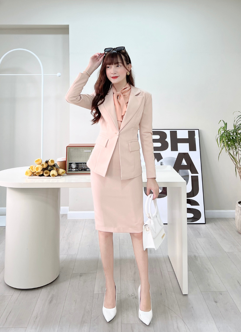  Bộ Áo Vest Nữ 1 Nút Vạt Vuông & Váy Bút Chì 