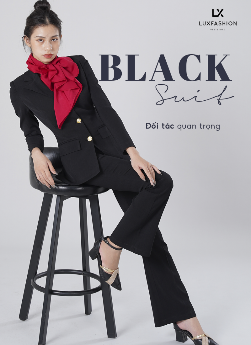  Bộ Áo Vest Nữ 3 Nút & Quần Loe Đen 