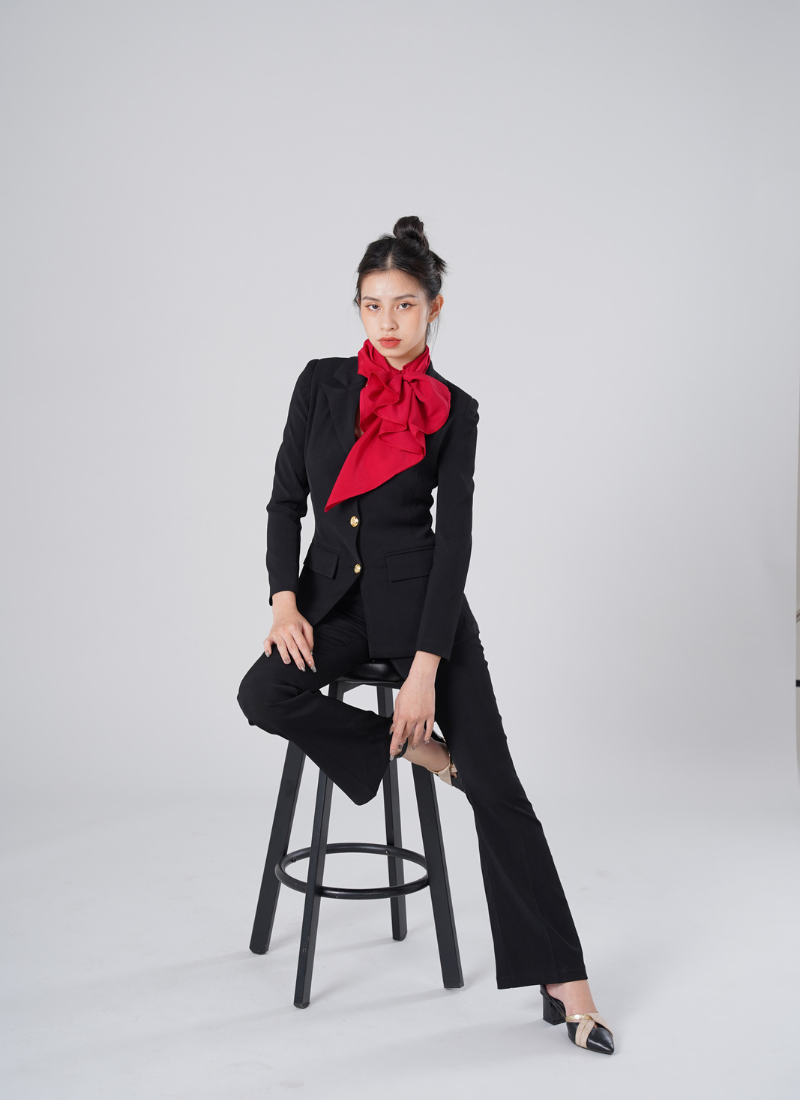  Bộ Áo Vest Nữ 3 Nút & Quần Loe Đen 