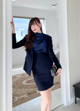  Bộ Áo Vest Nữ 1 Nút Vạt Vuông & Váy Ngắn Ôm Xanh Đen 