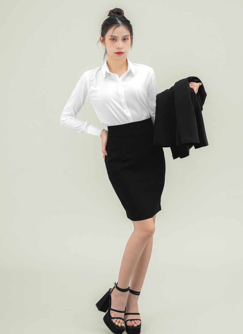  Áo Vest Nữ 2 Nút Vạt Vuông & Váy Ngắn Ôm - Màu Đen 