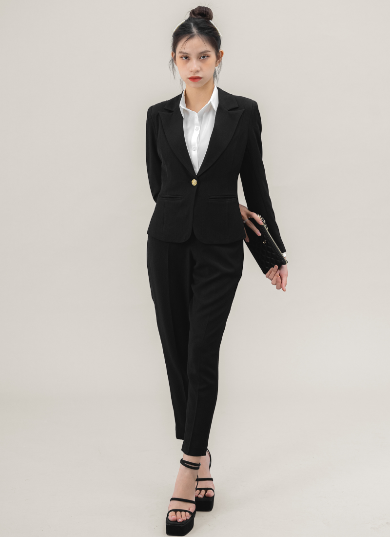  Áo Vest Nữ Ngắn 1 Nút Quần Tây Ôm Bố Linen Cao Cấp - Màu Đen 