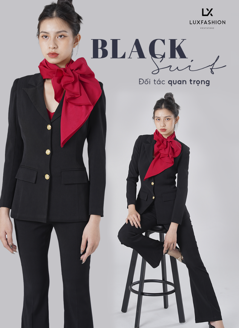  Bộ Áo Vest Nữ 3 Nút & Quần Loe Đen 