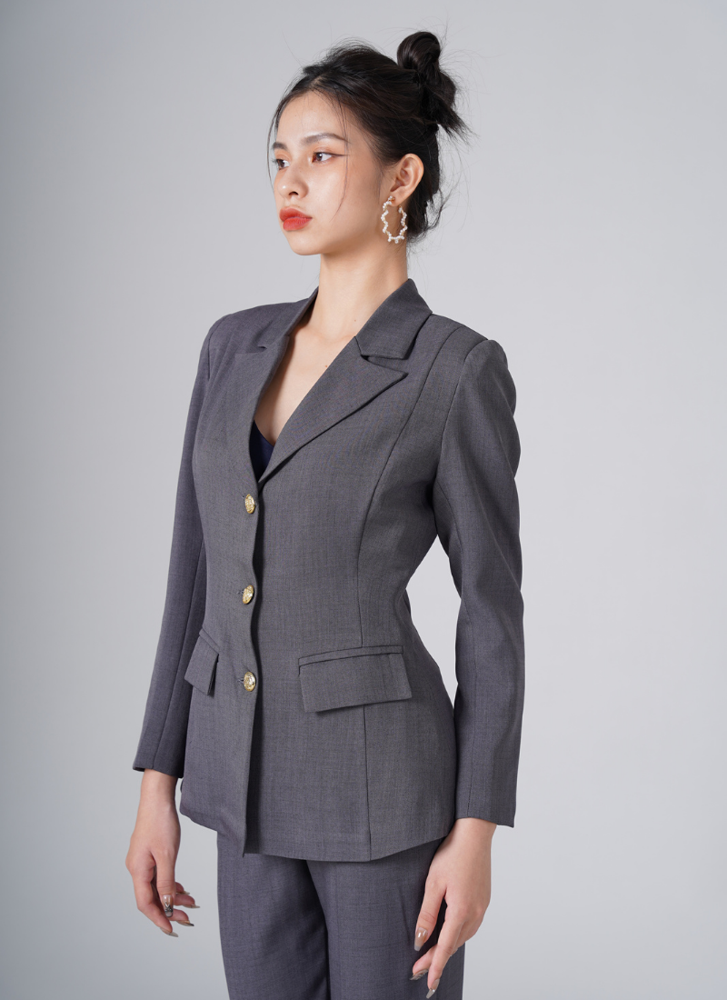  Bộ Áo Vest Nữ 3 Nút & Quần Suông Linen Xám 