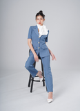  Bộ Áo Vest Nữ 3 Nút Tay Con & Quần Suông Xanh Jeans 