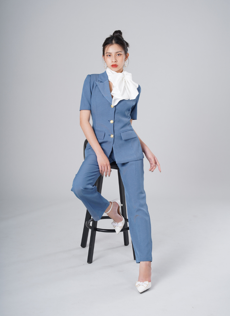  Bộ Áo Vest Nữ 3 Nút Tay Con & Quần Suông Xanh Jeans 