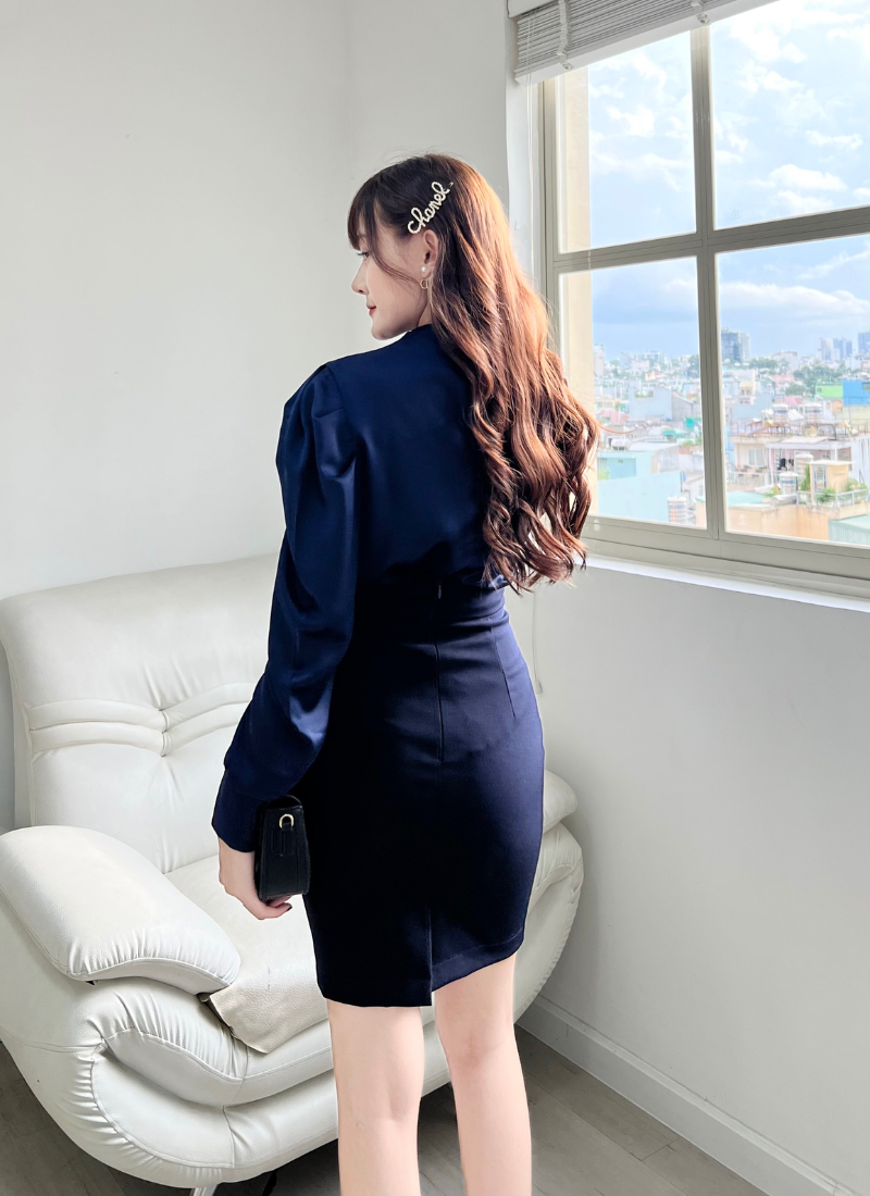  Bộ Áo Vest Nữ 1 Nút Vạt Vuông & Váy Ngắn Ôm Xanh Đen 