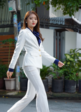  Bộ Áo Vest Nữ 2 Nút Vạt Vuông & Quần Loe Trắng 