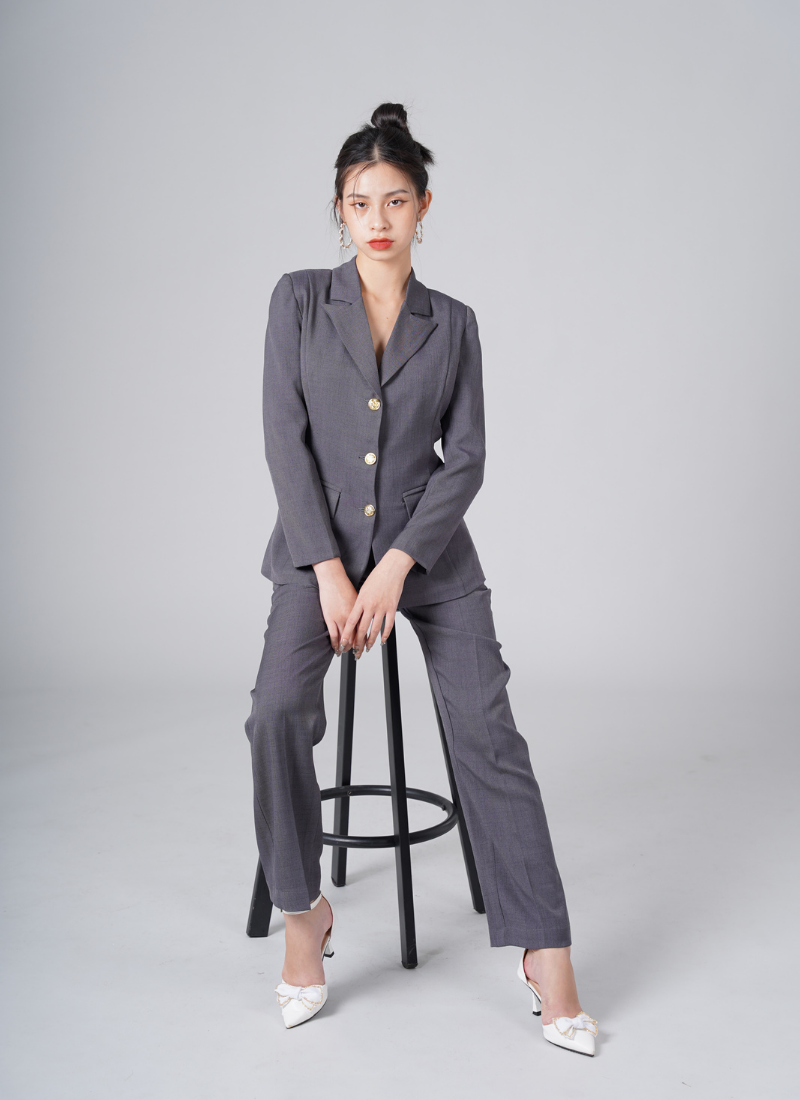  Bộ Áo Vest Nữ 3 Nút & Quần Suông Linen Xám 