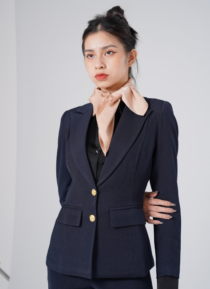  Bộ Áo Vest Nữ 2 Nút Vạt Vuông & Quần Suông Xanh Đen 