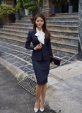  Bộ Áo Vest Nữ 1 Nút Vạt Tròn & Váy Bút Chì Xanh Đen 