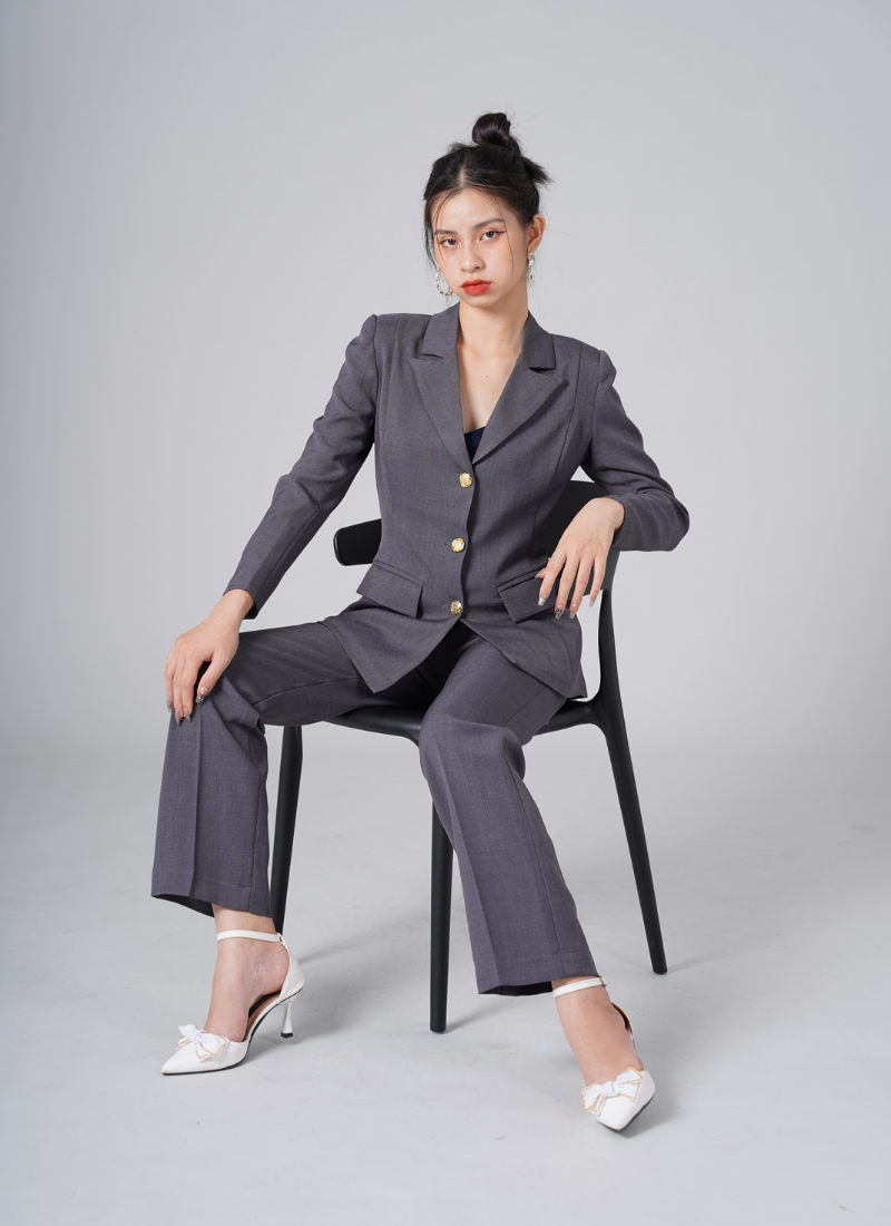  Bộ Áo Vest Nữ 3 Nút & Quần Suông Linen Xám 