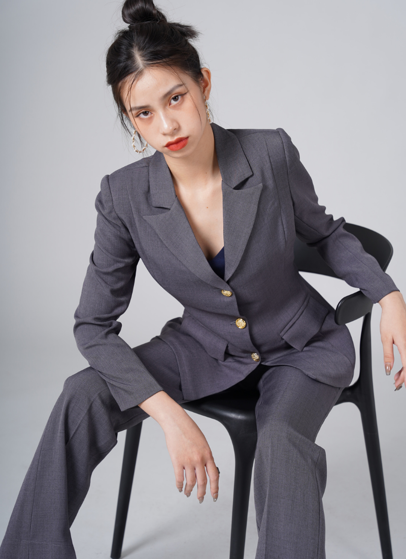  Bộ Áo Vest Nữ 3 Nút & Quần Suông Linen Xám 