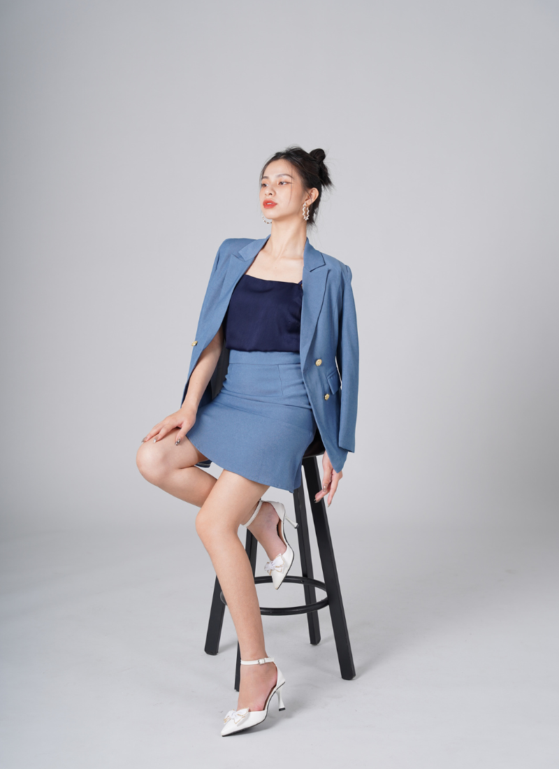  Bộ Áo Vest Nữ 4 Nút & Váy Chân Bèo Xanh Jean 