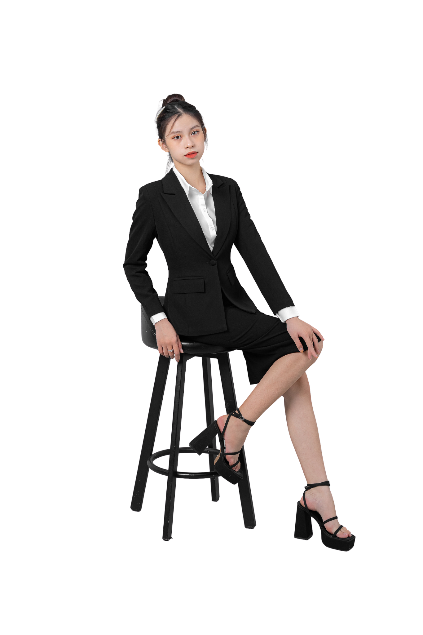  Bộ Áo Vest Nữ 1 Nút Vạt Vuông & Váy Bút Chì Đen 