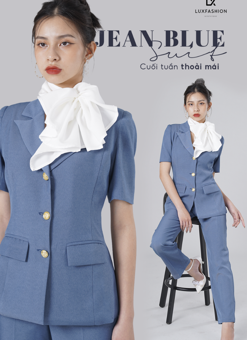  Áo Vest Nữ 3 Nút Tay Con Xanh Jean 