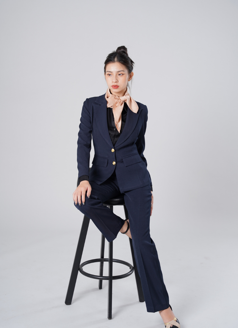  Bộ Áo Vest Nữ 2 Nút Vạt Vuông & Quần Suông Xanh Đen 