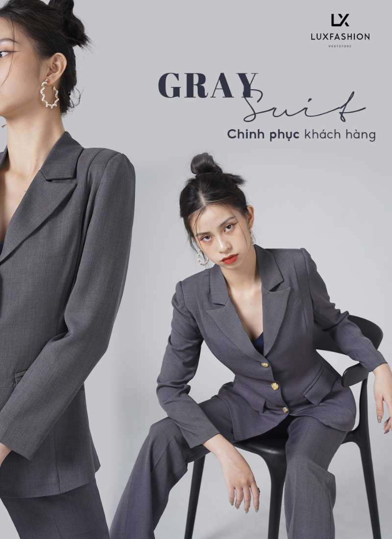  Bộ Áo Vest Nữ 3 Nút & Quần Suông Linen Xám 