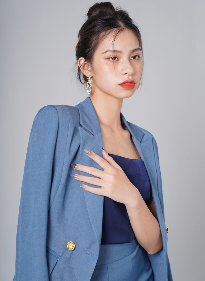  Bộ Áo Vest Nữ 4 Nút & Váy Chân Bèo Xanh Jean 