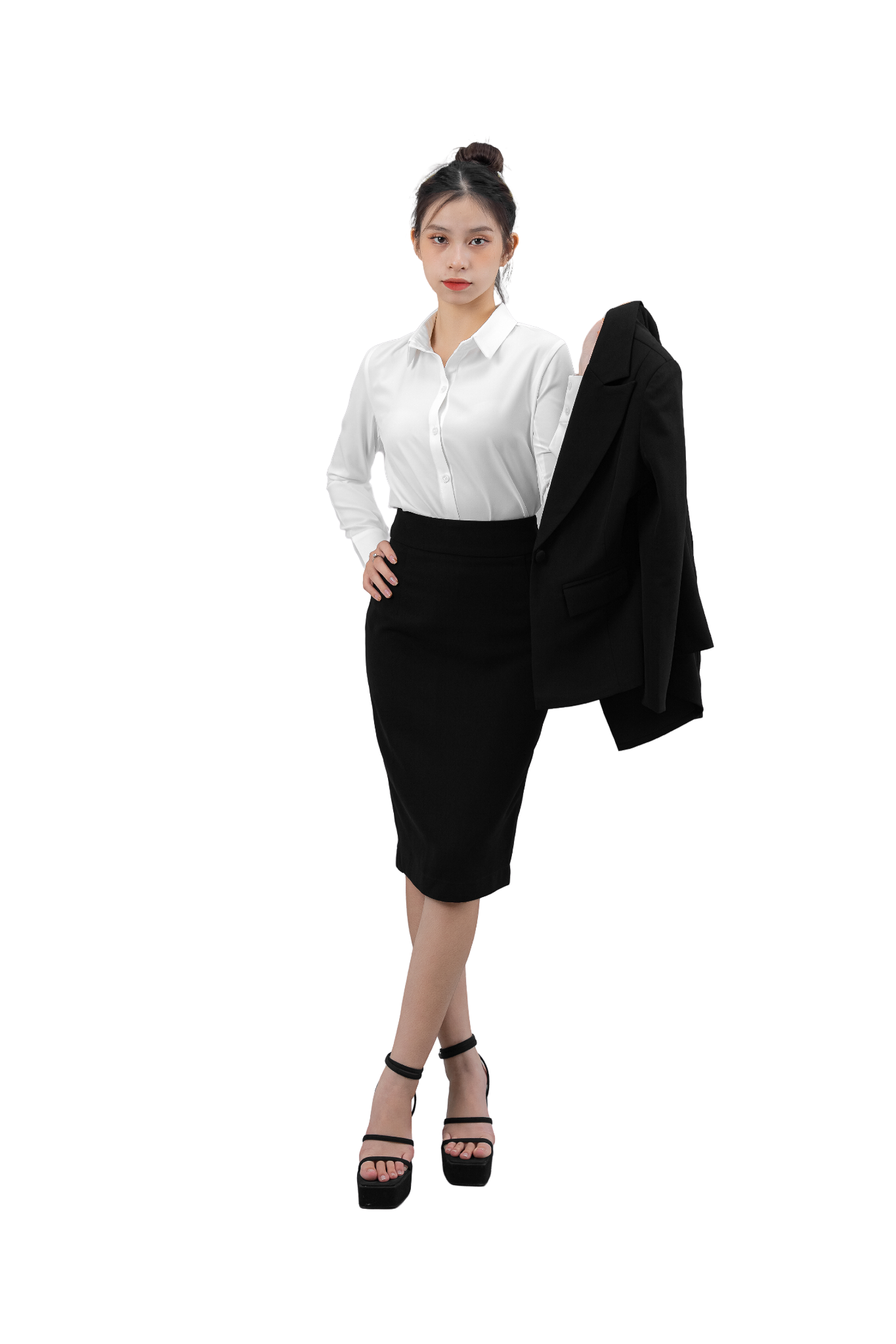  Bộ Áo Vest Nữ 1 Nút Vạt Vuông & Váy Bút Chì Đen 