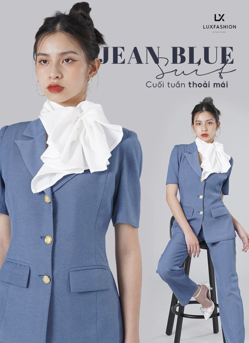  Bộ Áo Vest Nữ 3 Nút Tay Con & Quần Suông Xanh Jeans 