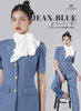 Bộ Áo Vest Nữ 3 Nút Tay Con & Quần Suông Xanh Jeans