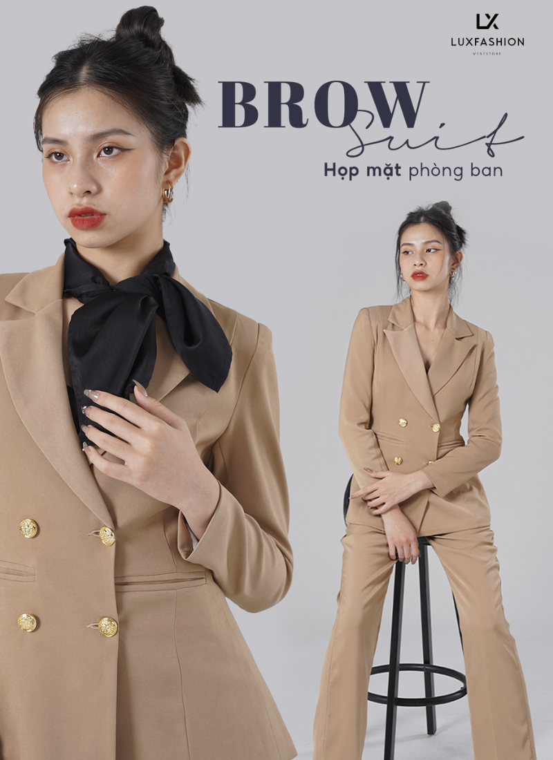  Bộ Áo Vest Nữ 4 Nút & Quần Suông Nâu Tây 