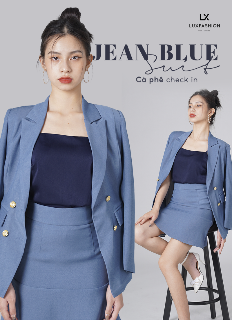  Bộ Áo Vest Nữ 4 Nút & Váy Chân Bèo Xanh Jean 