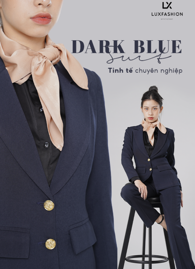  Bộ Áo Vest Nữ 2 Nút Vạt Vuông & Quần Suông Xanh Đen 