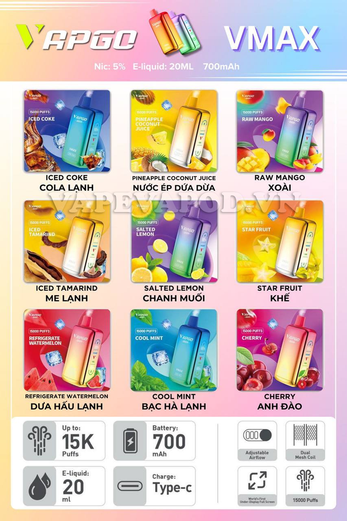 Vapgo Bar VMax Iced Coke - Pod 1 lần 15000 Hơi