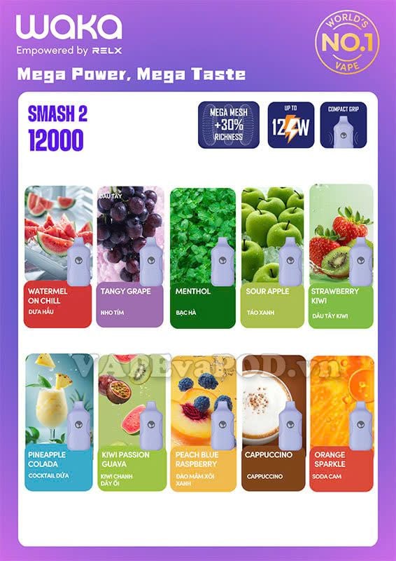 Waka Smash 2 Strawberry Kiwi - Pod 1 Lần 12000 Hơi