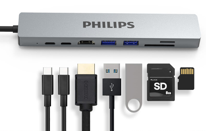  Hub Philips SWV6118G 8in1 USB-C to HDMI+USB*2+PD+RJ45+SD+TF 