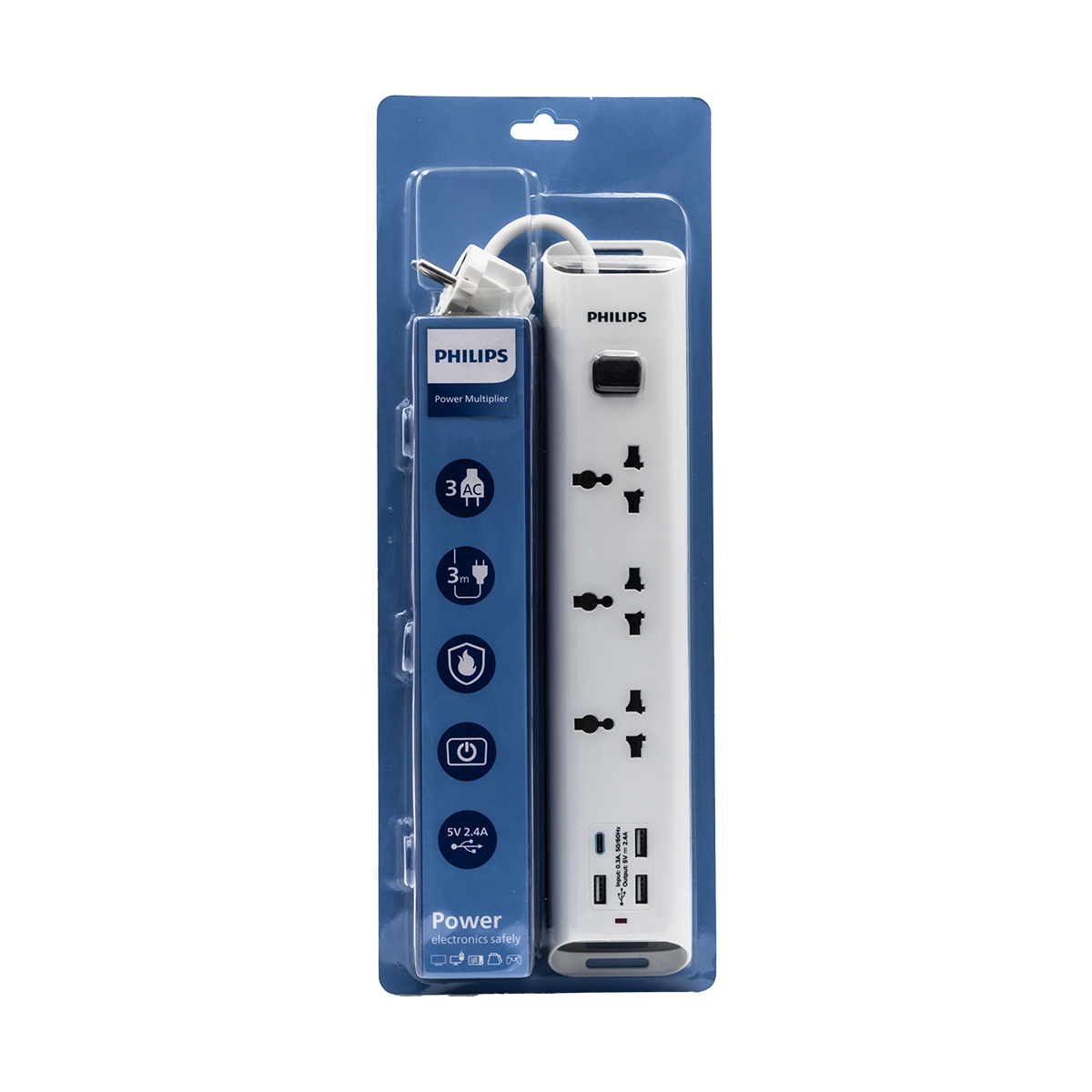 Ổ cắm điện Philips CHP4335WB, 3 lỗ, 3m, 3 USB-A + 1 Type-C total 2.4A 