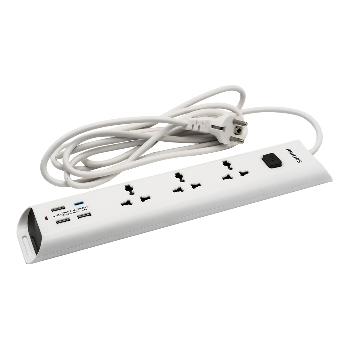  Ổ cắm điện Philips CHP4335WB, 3 lỗ, 3m, 3 USB-A + 1 Type-C total 2.4A 