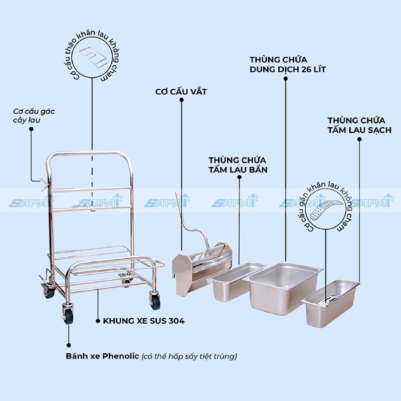  Xe đẩy vệ sinh phòng sạch kiểu 3 thùng CT03, có thể hấp tiệt trùng 