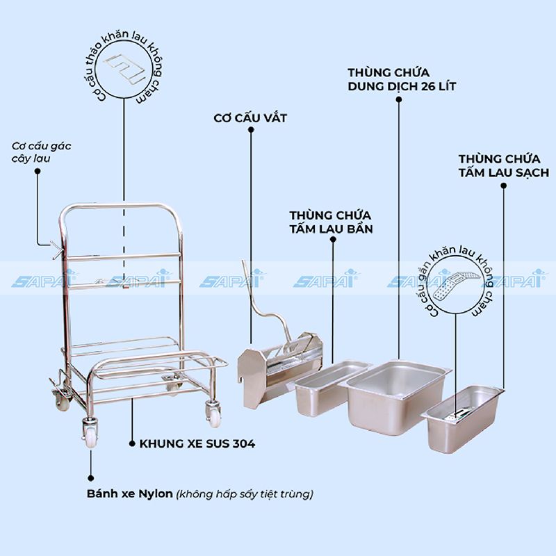  Xe đẩy vệ sinh phòng sạch kiểu 3 thùng CT03N 