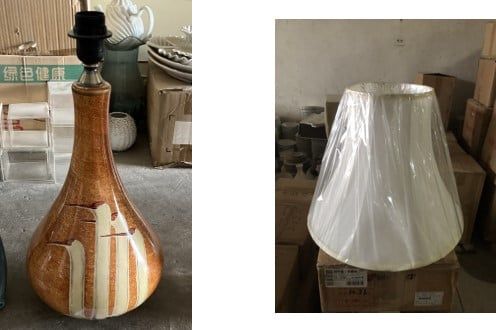  CHINOISE Đèn bàn gốm màu cam, chao đèn vải trắng D23×H50 
