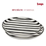  Set 2 Đĩa Sứ BLACK-&-WHITE Hoa Văn Sọc ngang Đen Trắng 