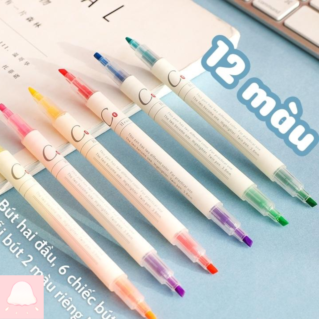  Bút highlight 2 đầu set bút đánh dấu 6, 12 màu đa năng 