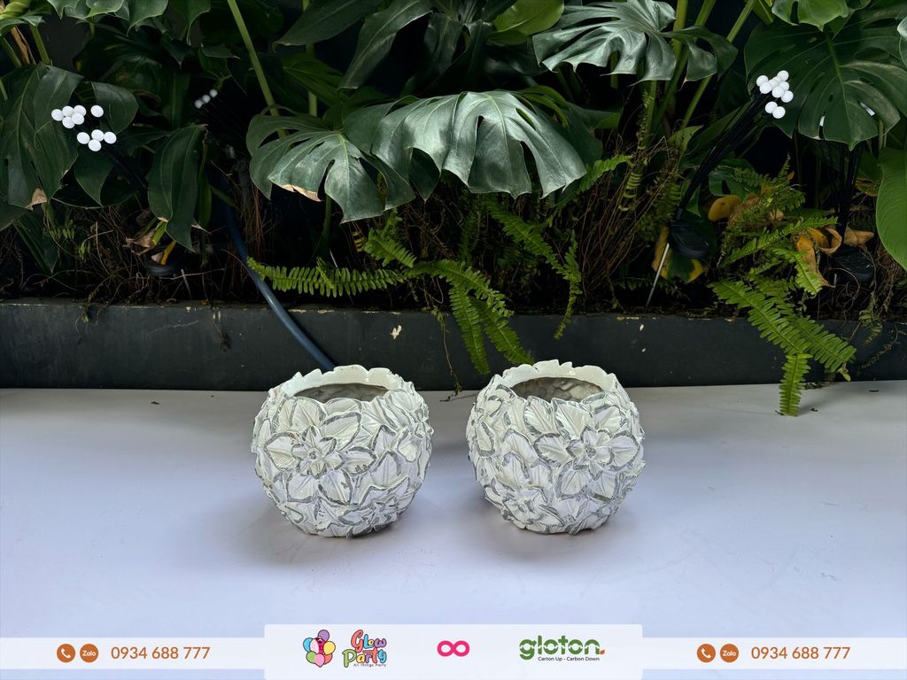 Bộ 2 bình cắm hoa - bình hoa tròn trắng bạc