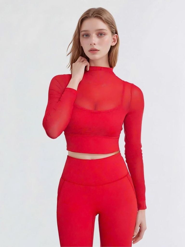 Áo croptop nữ thể thao tay dài cổ lọ phối lưới tập gym, tập yoga chất liệu cao cấp, co dãn, thoáng khí AC13