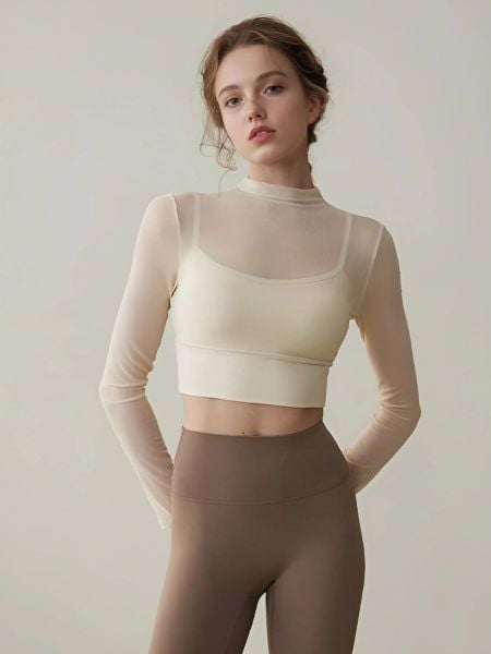 Áo croptop nữ thể thao tay dài cổ lọ phối lưới tập gym, tập yoga chất liệu cao cấp, co dãn, thoáng khí AC13