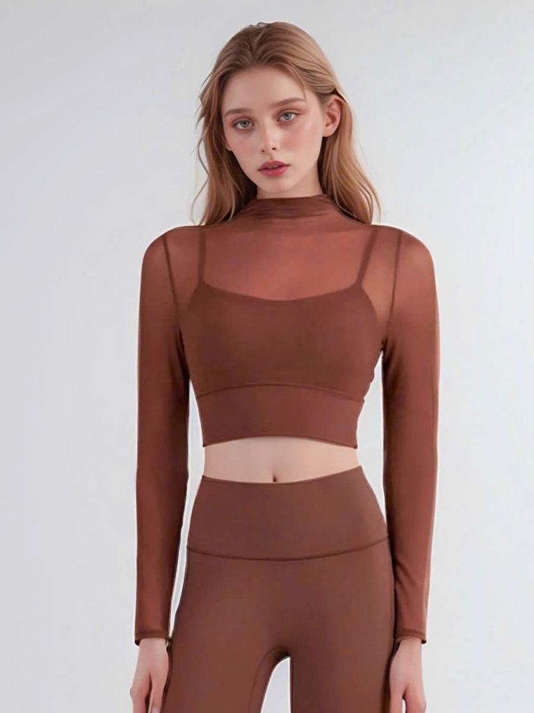 Áo croptop nữ thể thao tay dài cổ lọ phối lưới tập gym, tập yoga chất liệu cao cấp, co dãn, thoáng khí AC13