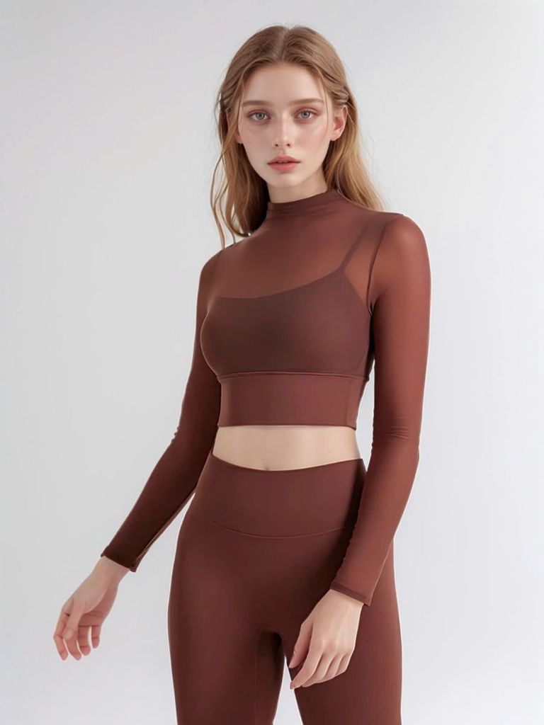 Áo croptop nữ thể thao tay dài cổ lọ phối lưới tập gym, tập yoga chất liệu cao cấp, co dãn, thoáng khí AC13