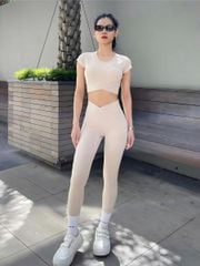 Set đồ quần áo thể thao nữ tập Yoga, Gym chéo khoét lưng chữ 0