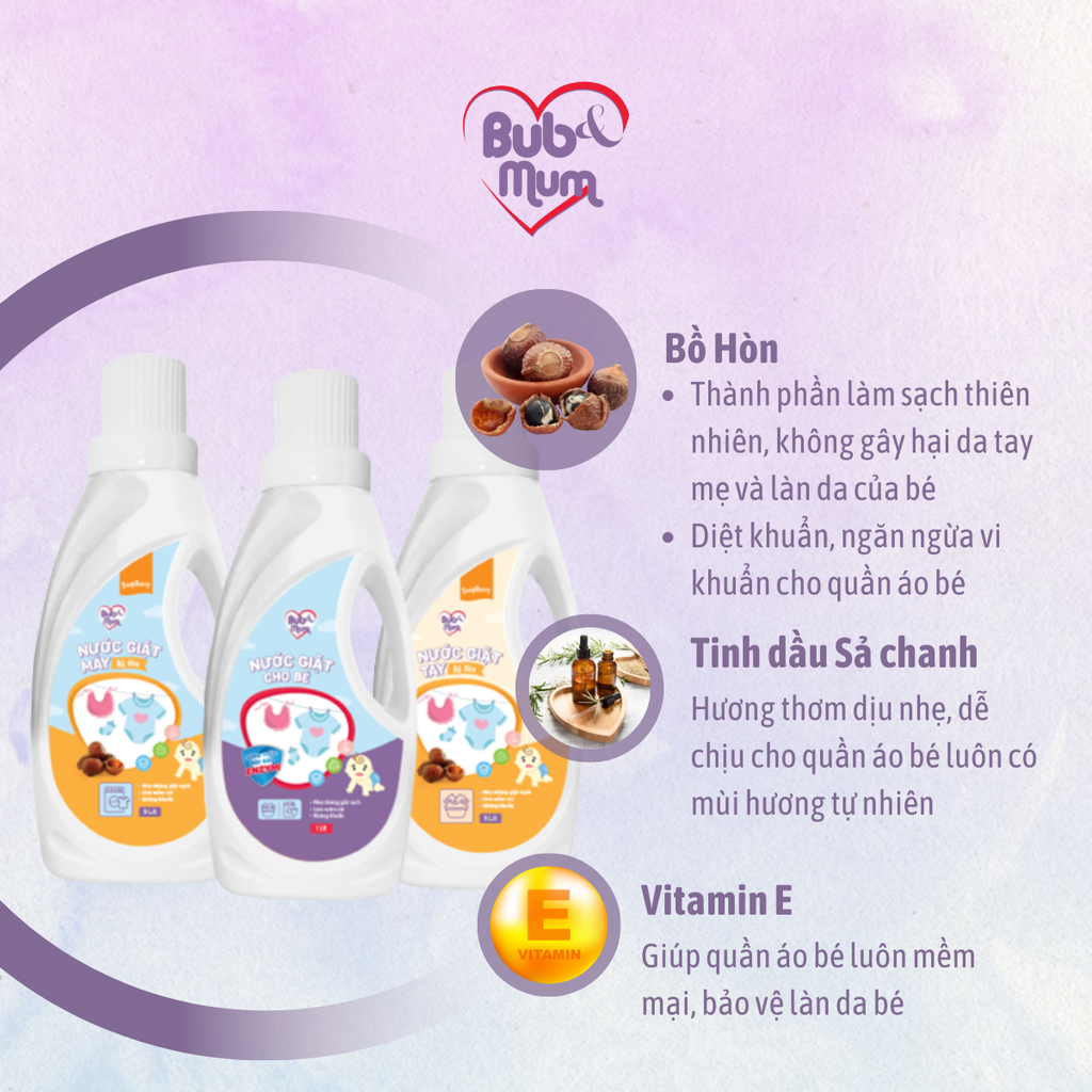 Nước Giặt Thiên Nhiên Cho Bé Sạch Khuẩn, Mềm Vải 1000ml BuB&MuM