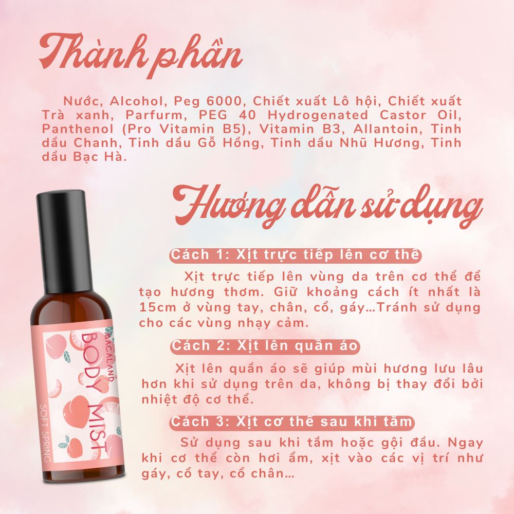 Body Mist Xịt Thơm Body Soft Spring MACALAND Cho Nữ Hương Đào Dưỡng Ẩm Cho Da