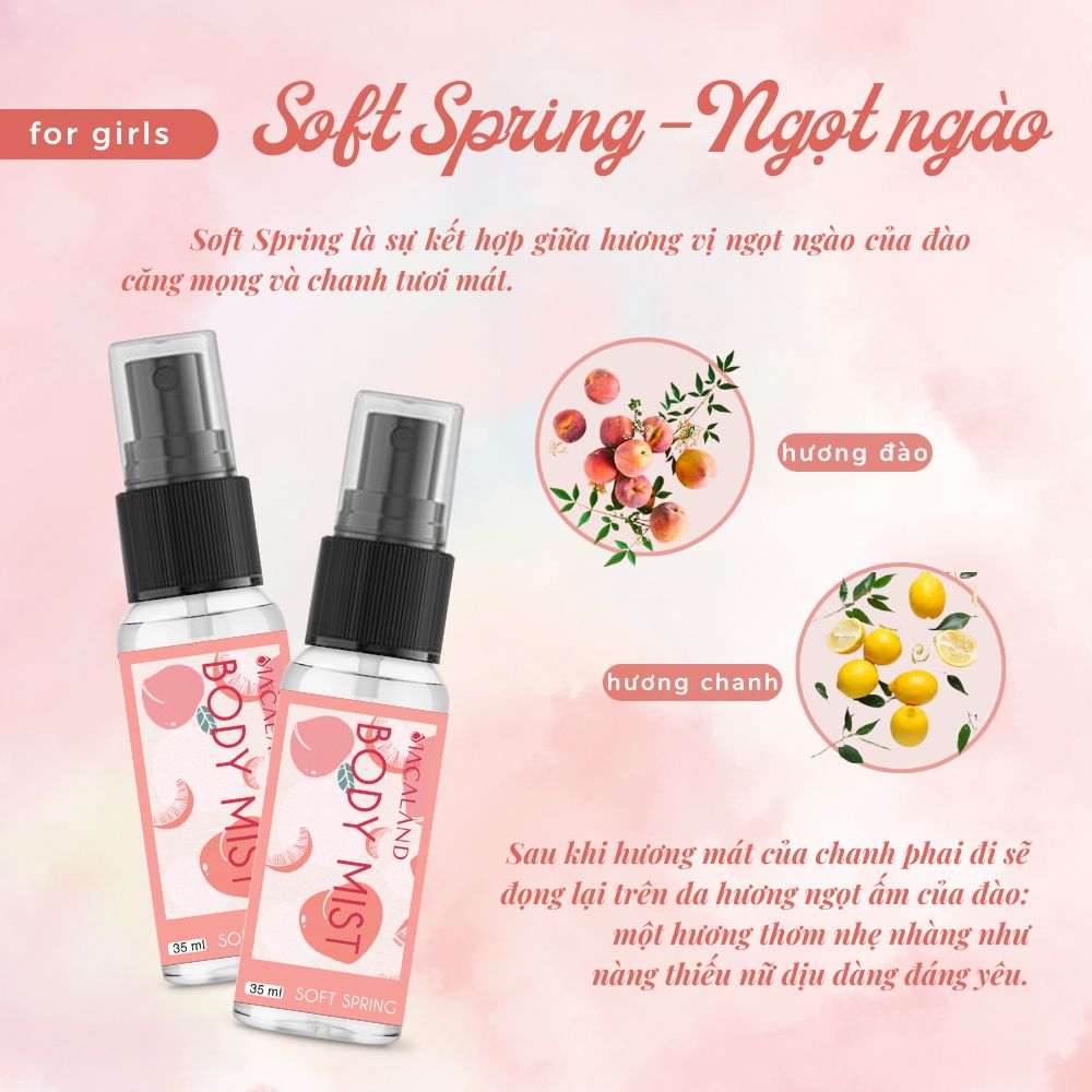 Body Mist Xịt Thơm Body Soft Spring MACALAND Cho Nữ Hương Đào Dưỡng Ẩm Cho Da