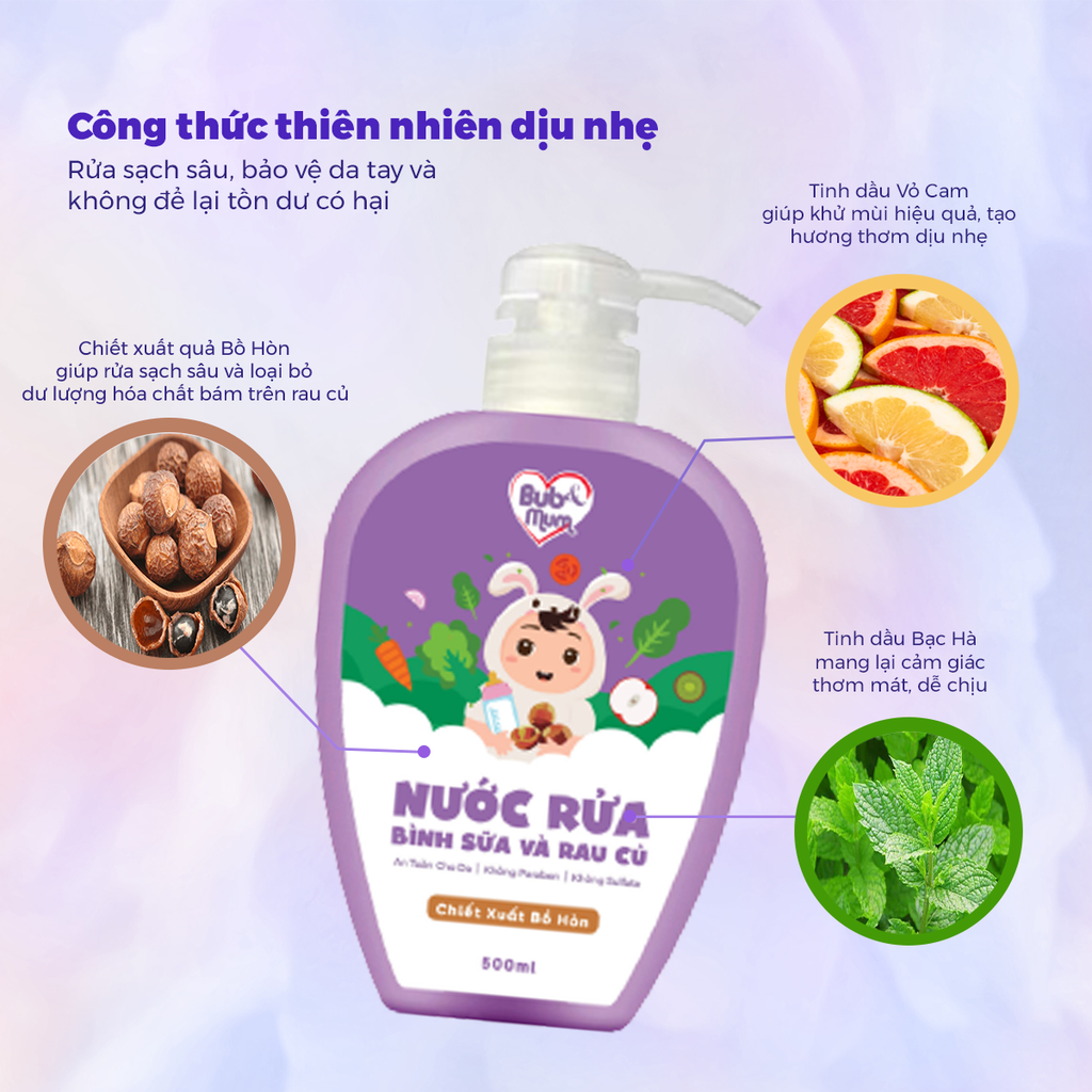 Nước Rửa Bình Sữa Và Rau Củ Quả Cho Bé Chiết Xuất Bồ Hòn 500ml BuB&MuM Hoàn Toàn Thiên Nhiên, An Toàn Và Lành Tính