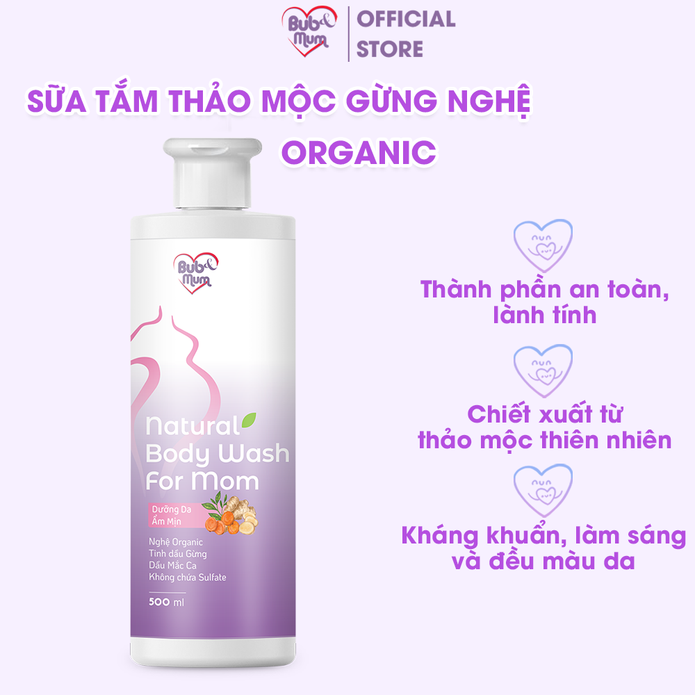 Sữa Tắm Thảo Mộc Gừng Nghệ Organic 50g/500ml BuB&MuM Làm Đều Màu Da, Giữ Ấm Cơ Thể Cho Bà Bầu Và Mẹ Sau Sinh